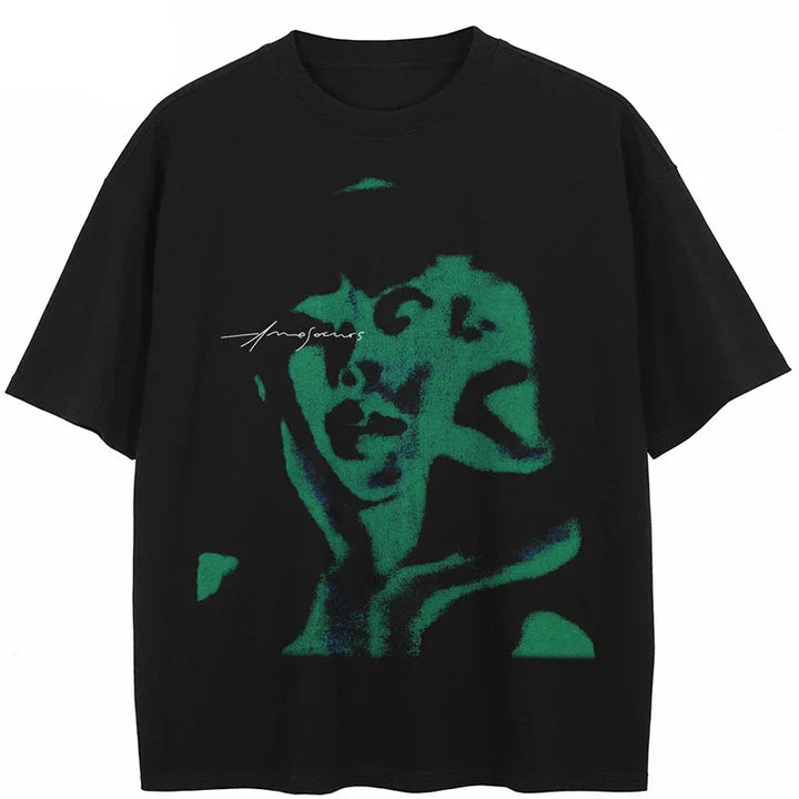 Black t-shirt with green graphic design on a white background