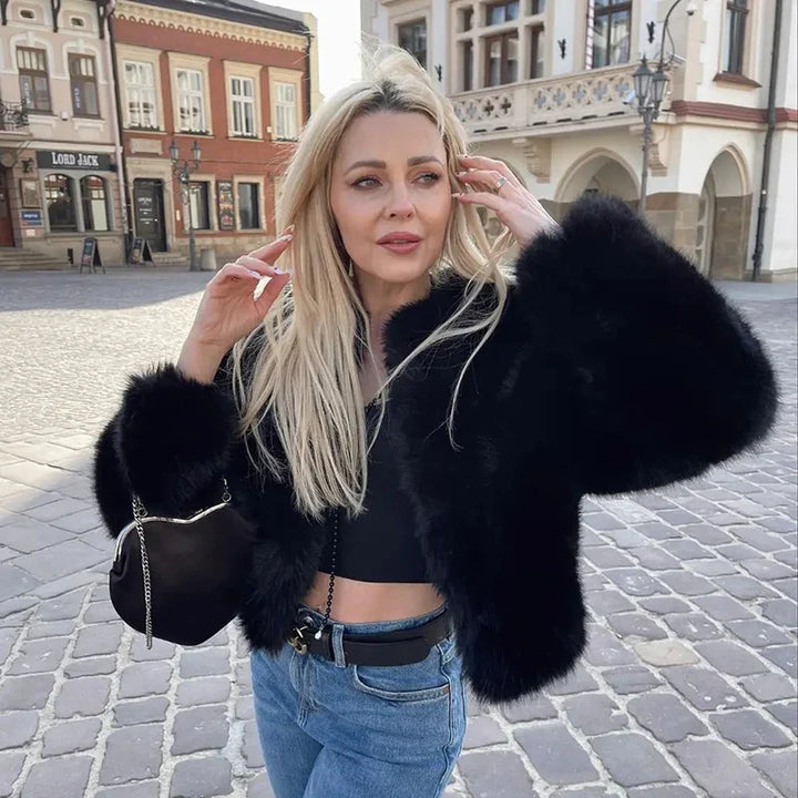 Luxury Cropped Faux Fur Coat Jacket     - VILIVAUN