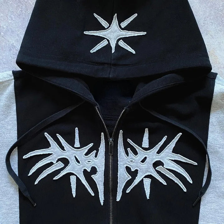 Y2K Vintage Zip-Up Patchwork Hoodie     - VILIVAUN