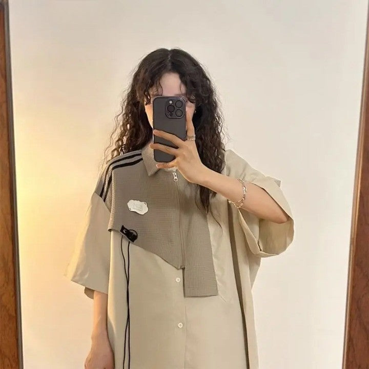 Y2K Patchwork Oversized Women's Shirt     - VILIVAUN