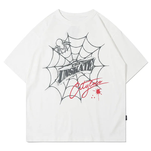 Y2K Spider Web Letter Printed T-Shirt  Off White M  - VILIVAUN