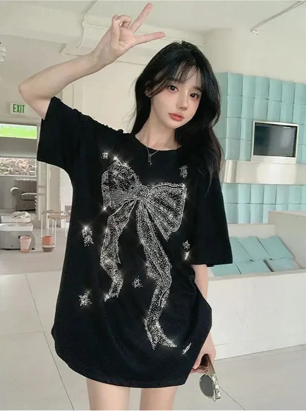 Diamond Bow Shiny Round Neck T-Shirt