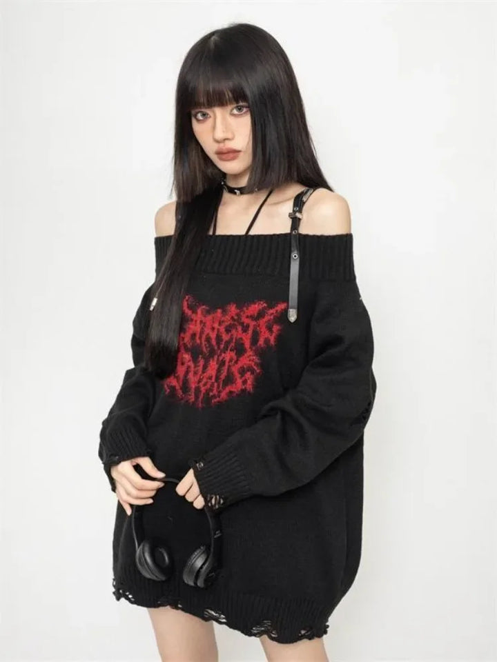 Y2k Gothic Slash Noir Sweater     - VILIVAUN