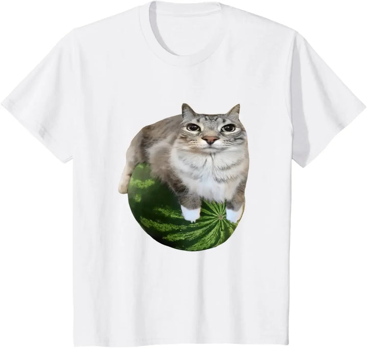 White t-shirt with a cat on a watermelon graphic