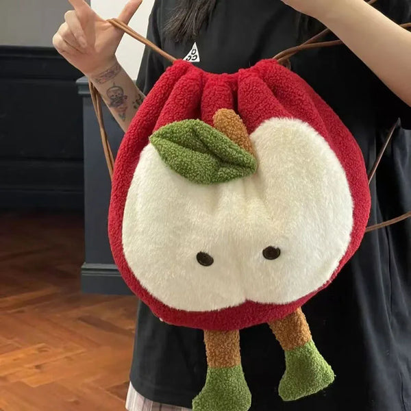 Cute Apple Fluffy Drawstring Backpack