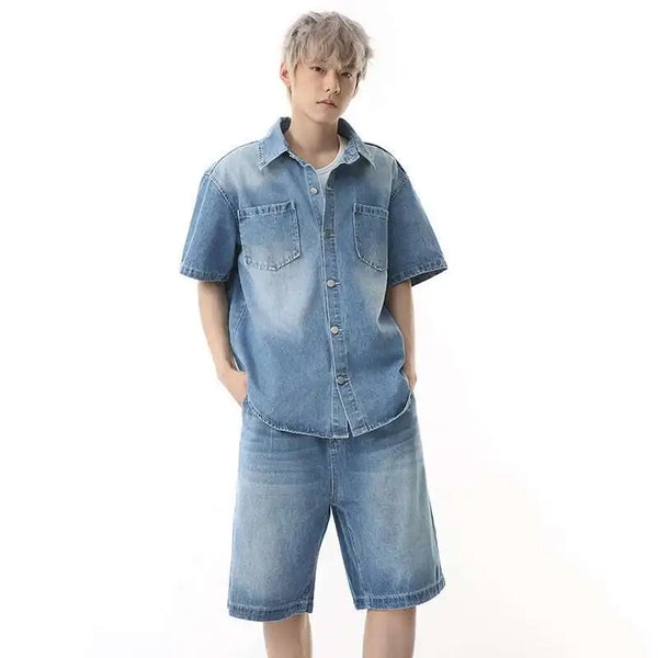 American Style Lapel Denim Short and Shirt