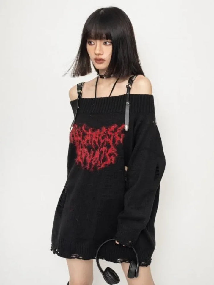 Y2k Gothic Slash Noir Sweater     - VILIVAUN