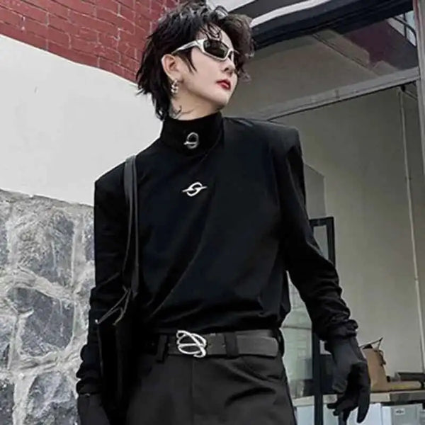 Chic Metal Buckle Turtleneck Long T-Shirt