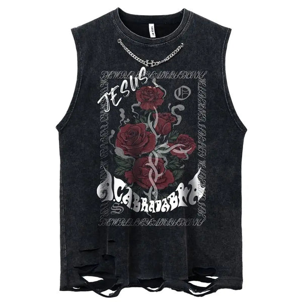 Metal Embellished Rose Washed Distressed Tank Top  Style-9 M  - VILIVAUN