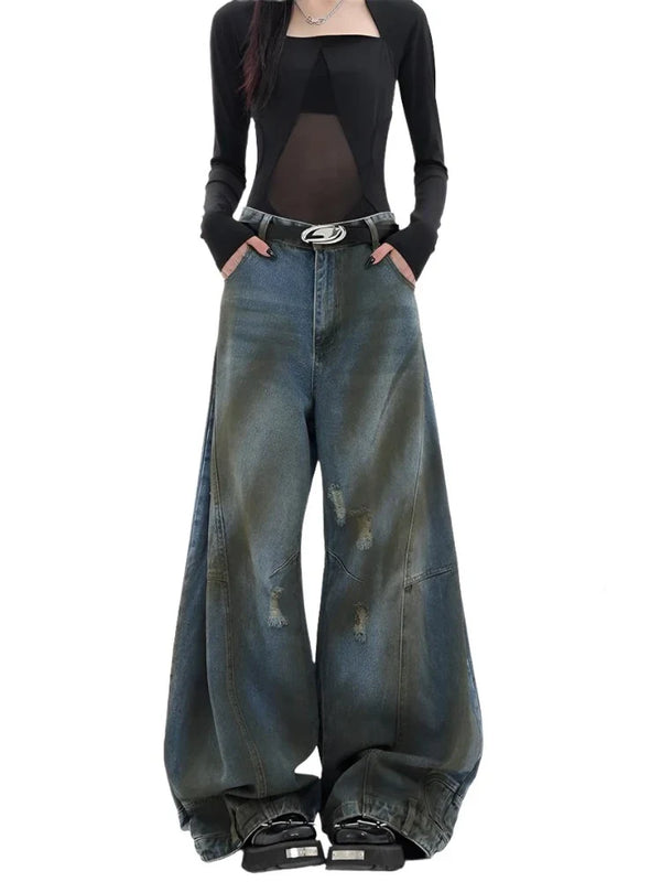 Y2K Dirty Ripped Denim Jeans     - VILIVAUN