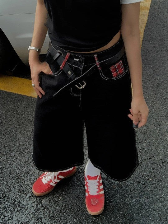 Y2k Tartan Retro Patchwork Baggy Jeans - VILIVAUN