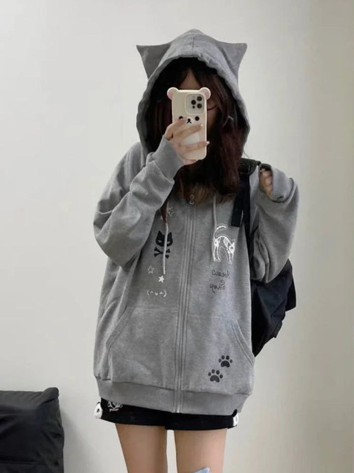 Y2K Kitty Paw Print Hoodie  Gray S  - VILIVAUN