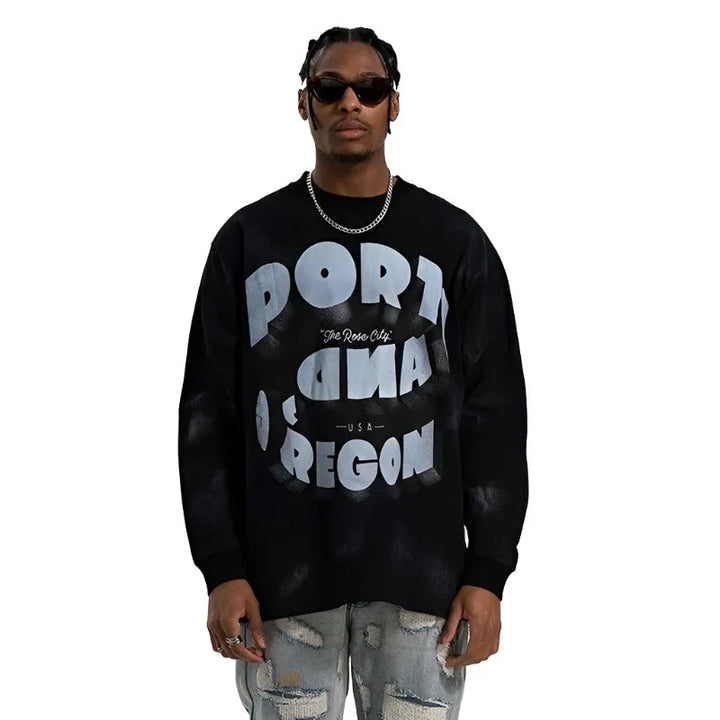 Vintage Washed Paint Long-Sleeve T-Shirt     - VILIVAUN