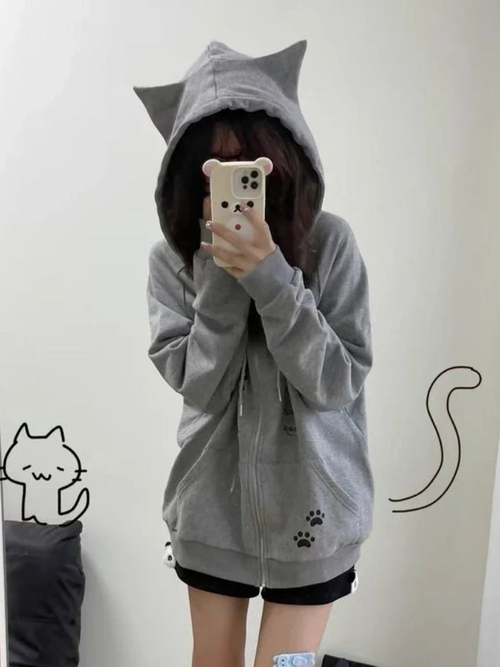 Y2K Kitty Paw Print Hoodie     - VILIVAUN