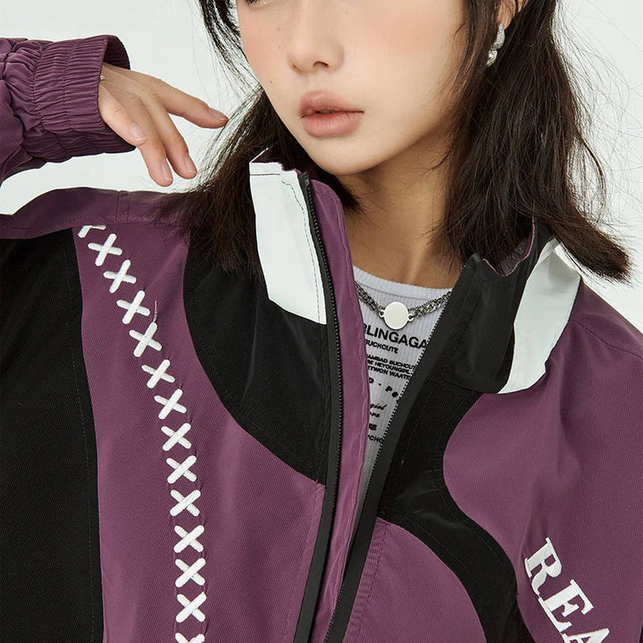 Embroidery Stripe Patchwork Jacket     - VILIVAUN