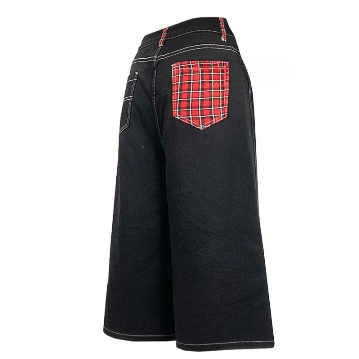 Y2k Tartan Retro Patchwork Baggy Jeans black S - VILIVAUN