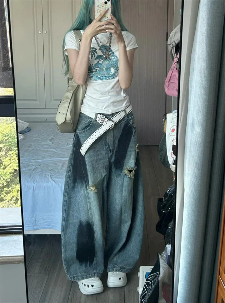 Y2K Ripped Oversize Women's Jeans     - VILIVAUN