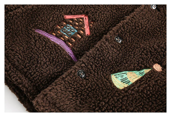 Embroidered Fleece Button-Up Jacket     - VILIVAUN