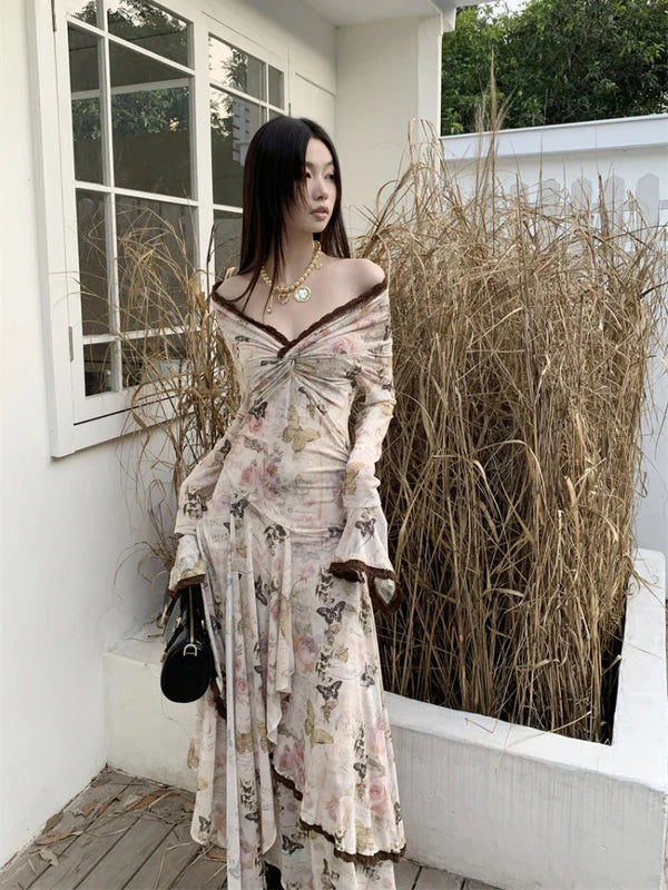 Butterfly Printed Slim Fit Vintage Midi Dress