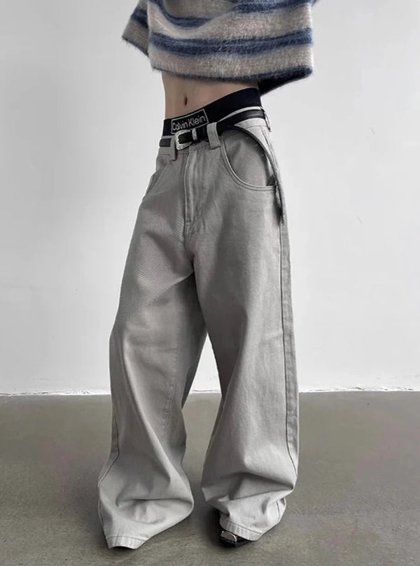 Grey Flowy Baggy Wide Leg Pants