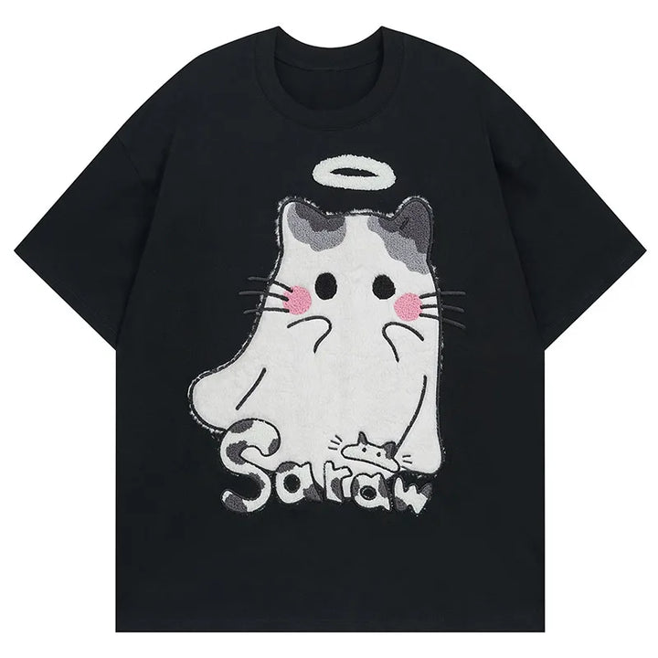 Y2K Cute Cartoon Cat T-Shirt  Black S  - VILIVAUN