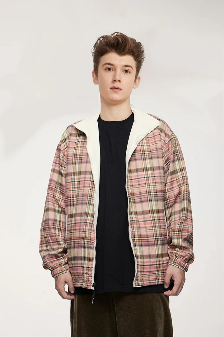 Reversible Stand Collar Plaid Jacket - VILIVAUN