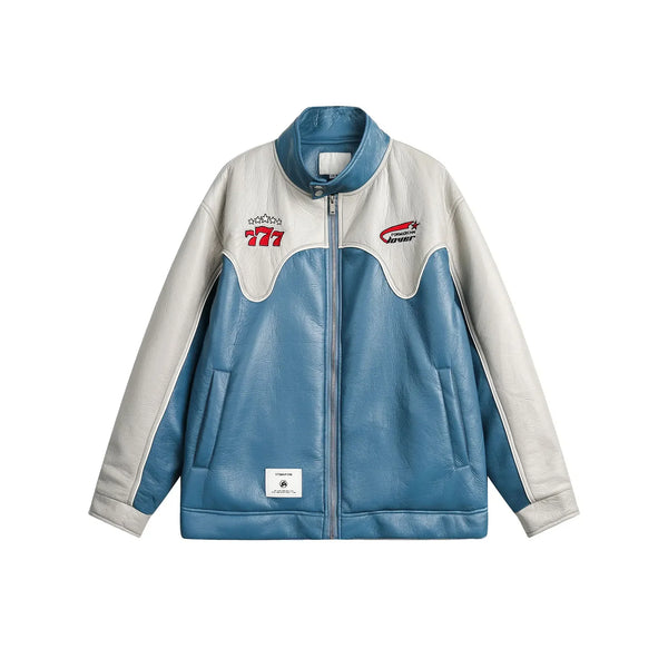 Waterproof Color block Leather Varsity Jacket  Blue M  - VILIVAUN