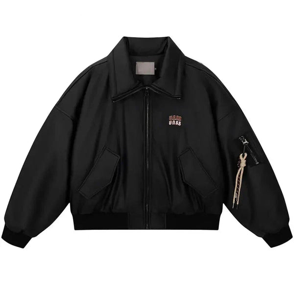 Y2k Bomber Leather Jacket  Black M  - VILIVAUN