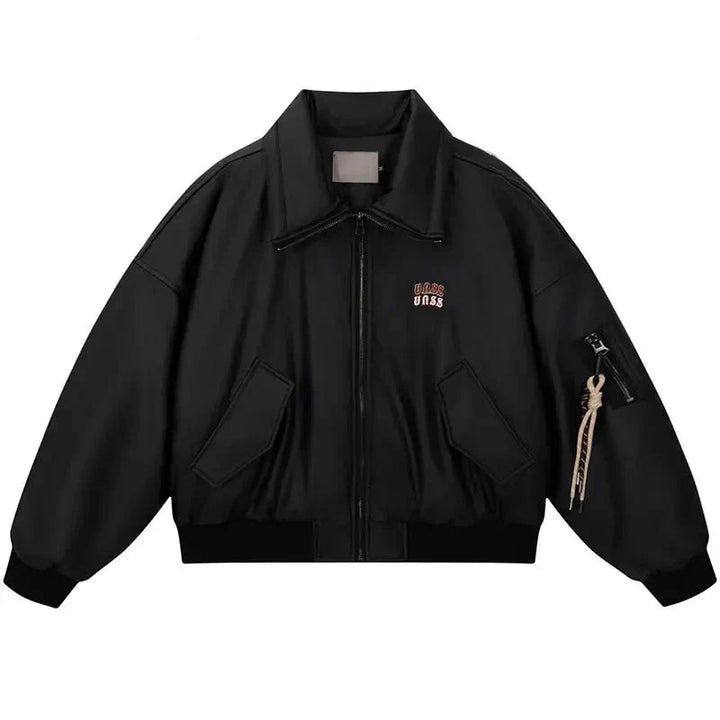 Y2k Bomber Leather Jacket  Black M  - VILIVAUN