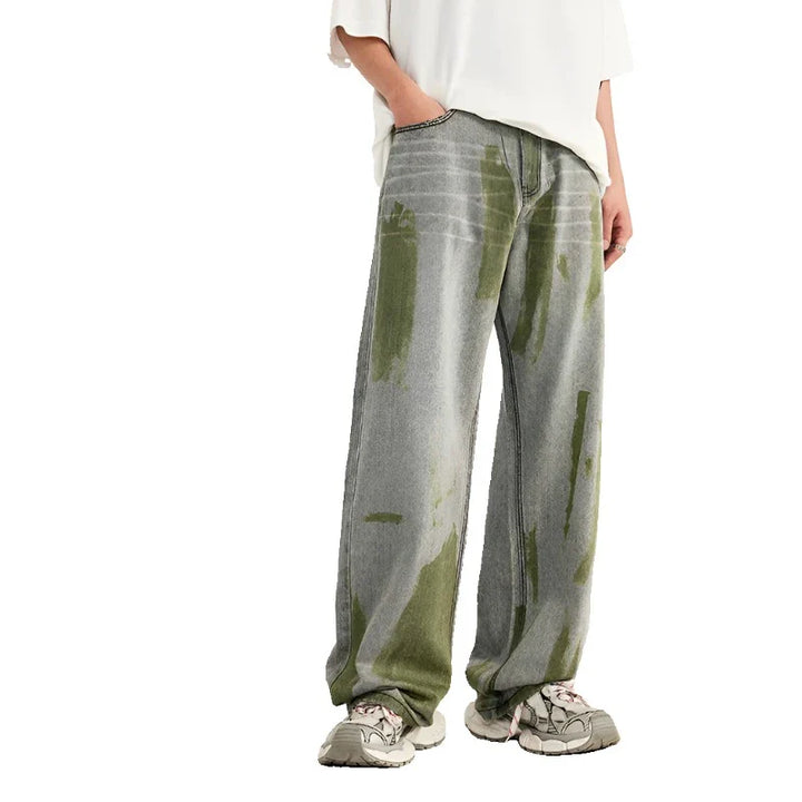 Casual Green Painted Wide-Leg Jeans     - VILIVAUN