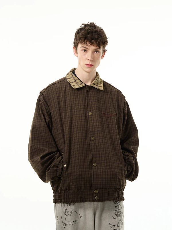 Y2K Vintage Brown Plaid Lapel Jacket     - VILIVAUN