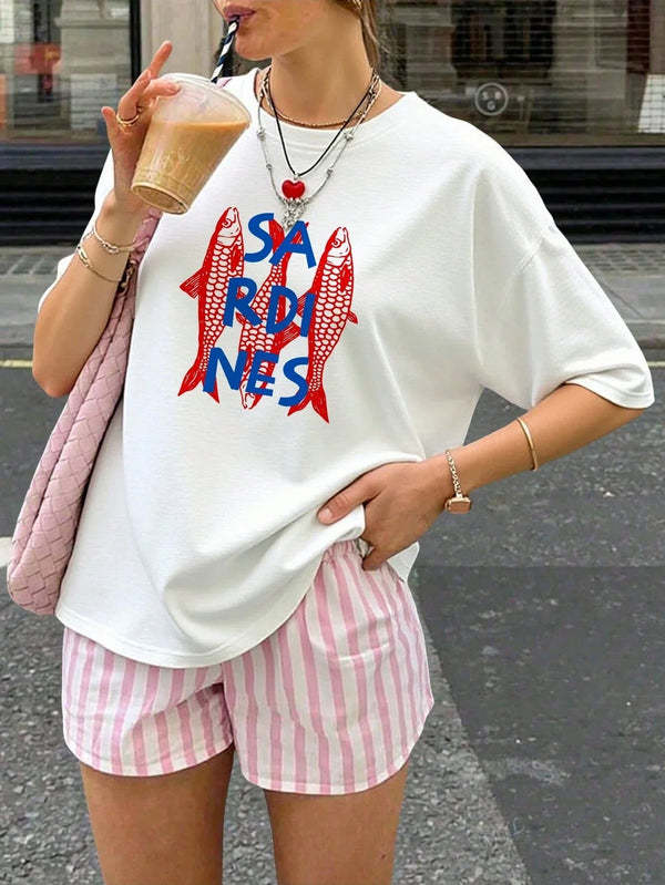 Colorful Cartoon Sardine Print Short T-Shirt