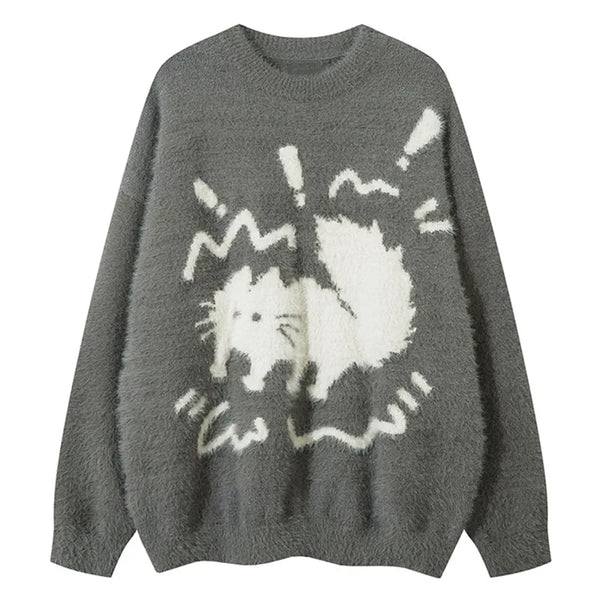 Y2k Electrified Cat Sweater Gray M - VILIVAUN