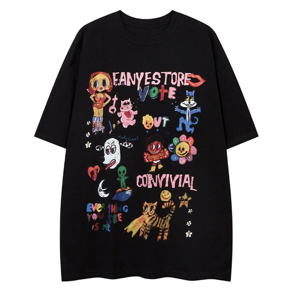 Y2K Cartoon Graphic Printed T-Shirt  Black S  - VILIVAUN