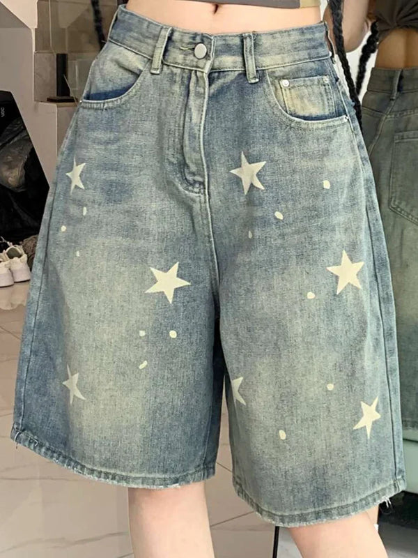 Retro Washed Wide Leg Denim Shorts