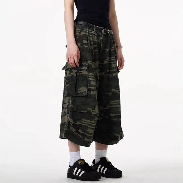 Camouflage Wide Leg Denim Shorts Jeans