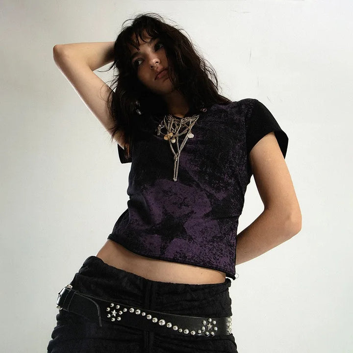 Model wearing the black purple Graphic Short-Sleeve T-Shirt 