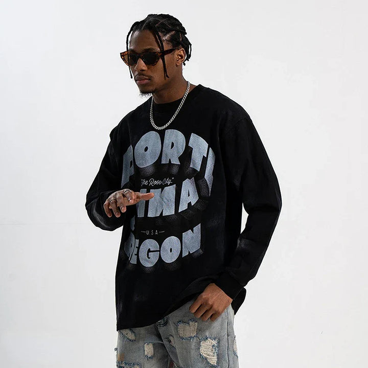 Vintage Washed Paint Long-Sleeve T-Shirt     - VILIVAUN