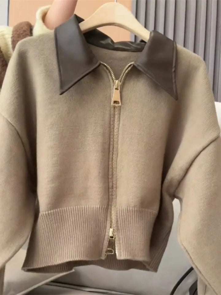 Y2k Spliced Leather Collar Knitted Soft Cardigen - VILIVAUN