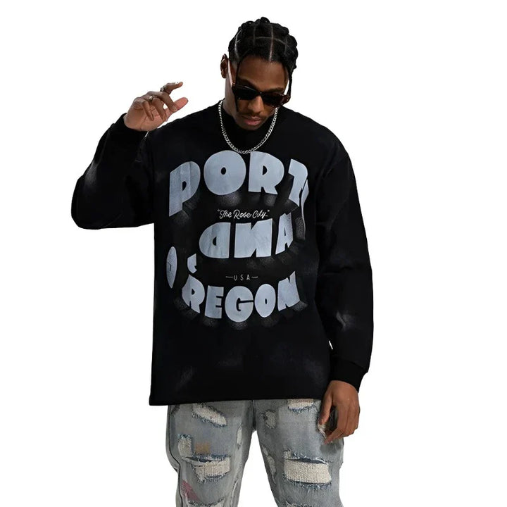 Vintage Washed Paint Long-Sleeve T-Shirt     - VILIVAUN