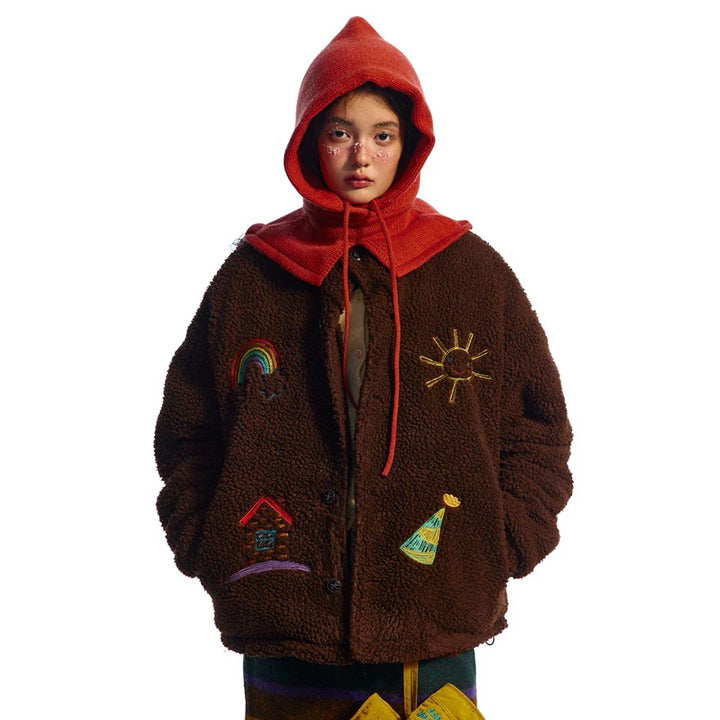 Embroidered Fleece Button-Up Jacket     - VILIVAUN