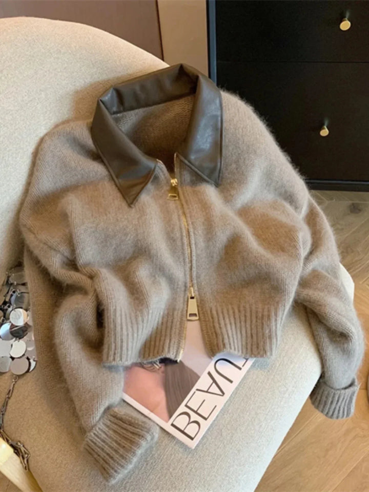 Y2k Spliced Leather Collar Knitted Soft Cardigen - VILIVAUN