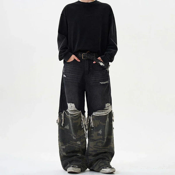 Y2K Camouflage Stitched Baggy Ripped Jeans