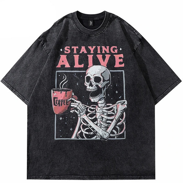 Oversized Retro Washed Black Skull T-Shirt