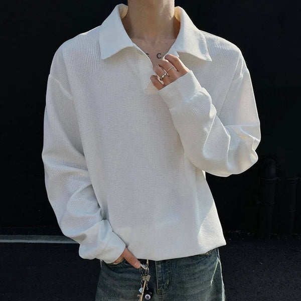 Lapel Long Sleeve Solid Color T-Shirt