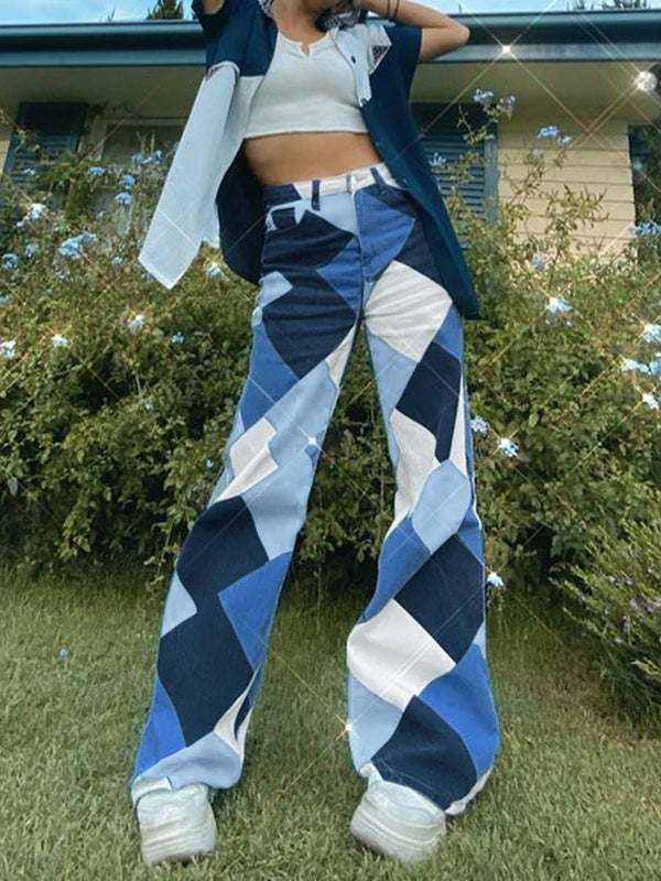 Y2K Plaid High Waist Blue Jeans