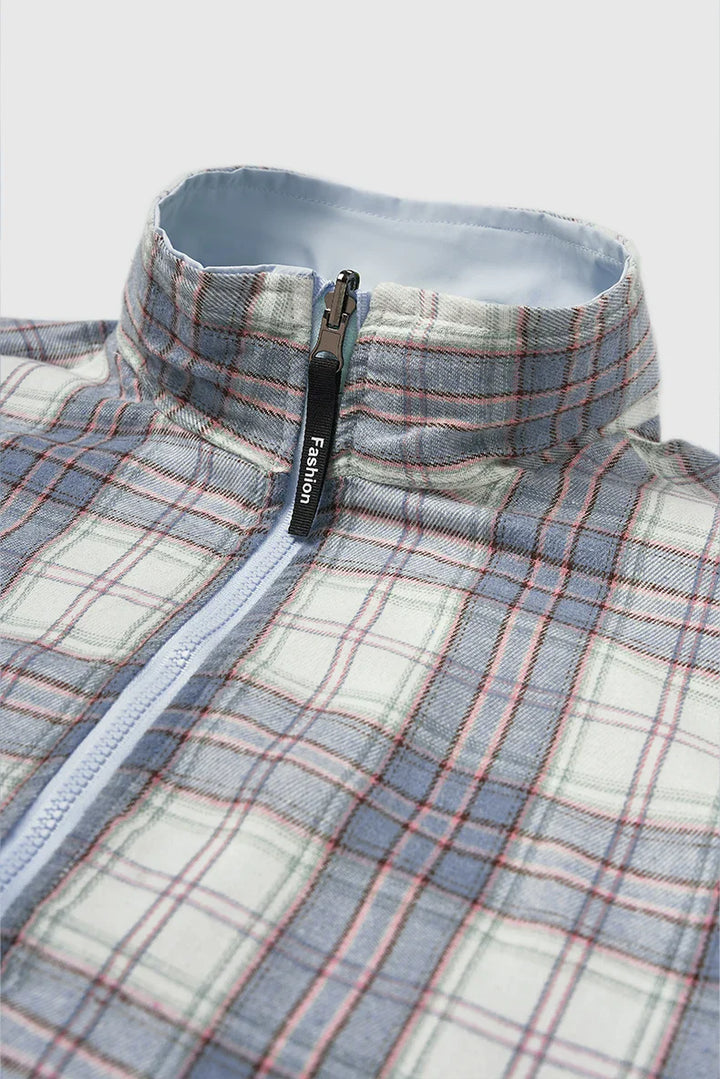 Reversible Stand Collar Plaid Jacket - VILIVAUN