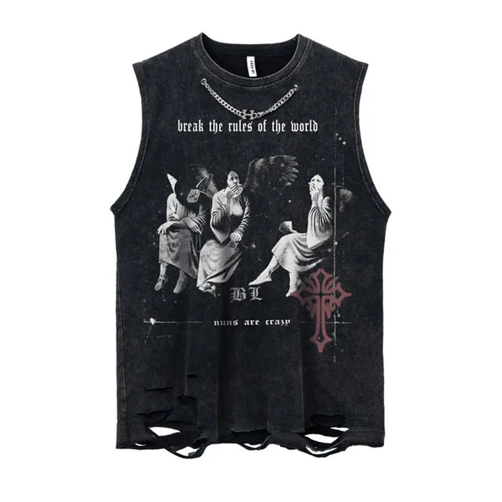 Metal Embellished Rose Washed Distressed Tank Top  Style-1 M  - VILIVAUN