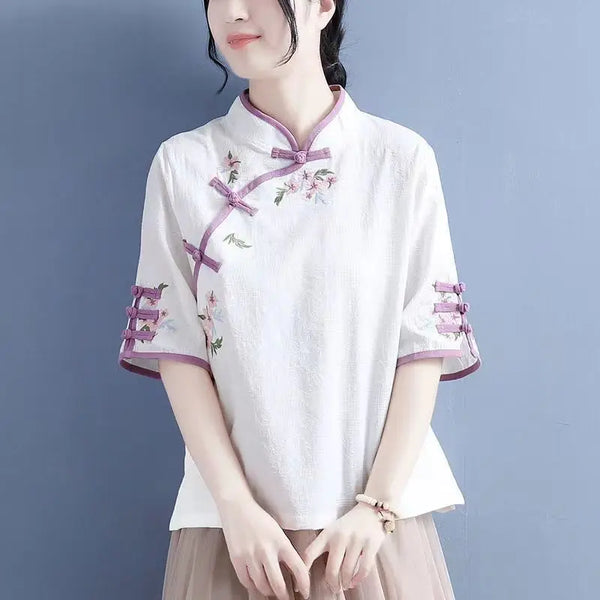 Chinese Style Embroidered Linen Shirt