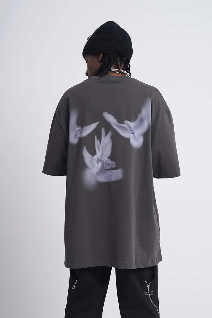 Gothic Pigeon Graphic Oversized T-Shirt     - VILIVAUN
